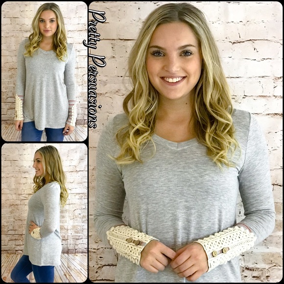 LAST ONE‼️Gray Long Sleeve Lace & Button Cuff Top - Picture 4 of 8